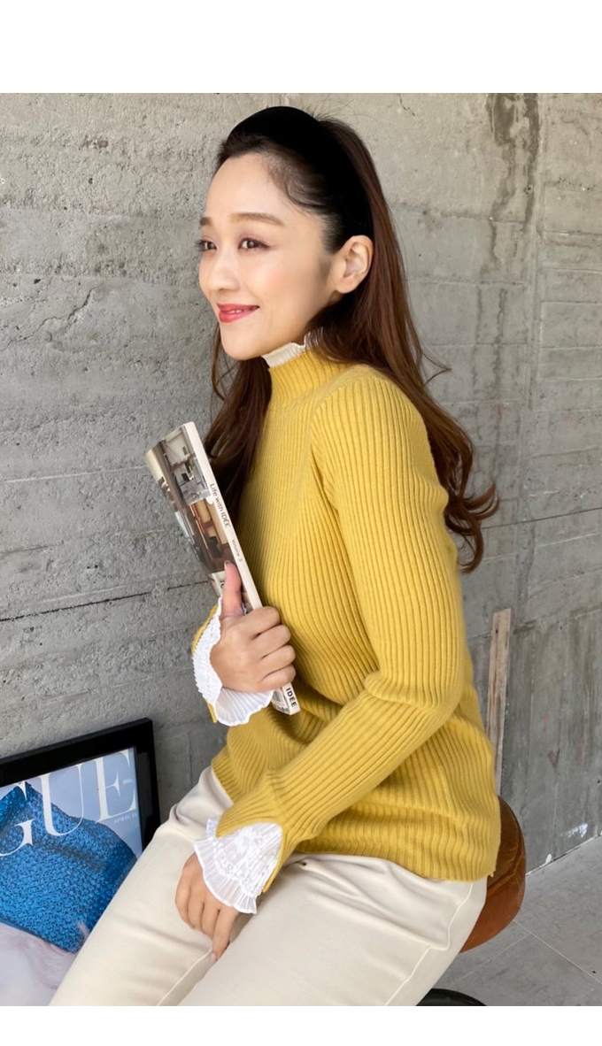 ネックスリーブシフォンプリーツニットトップス【ネコポスOK