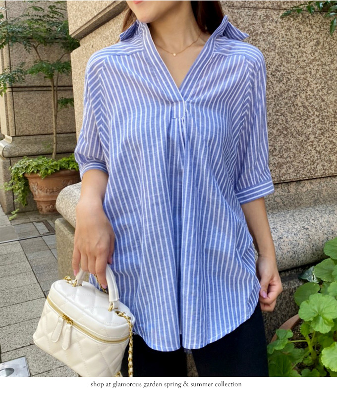 青いストライプVネックTシャツ 半袖Vネックストライプシャツ【ネコポスOK】【8c-831-02533】
