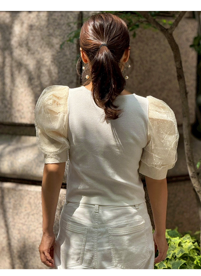 フロントギャザードットチュールスリーブニット【ネコポスOK】【8a-831