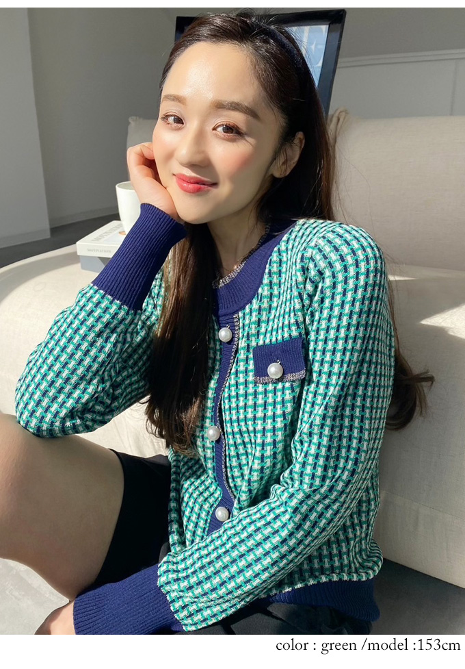 パールボタンチェック柄カーディガン調ニット【7i-831-14032】