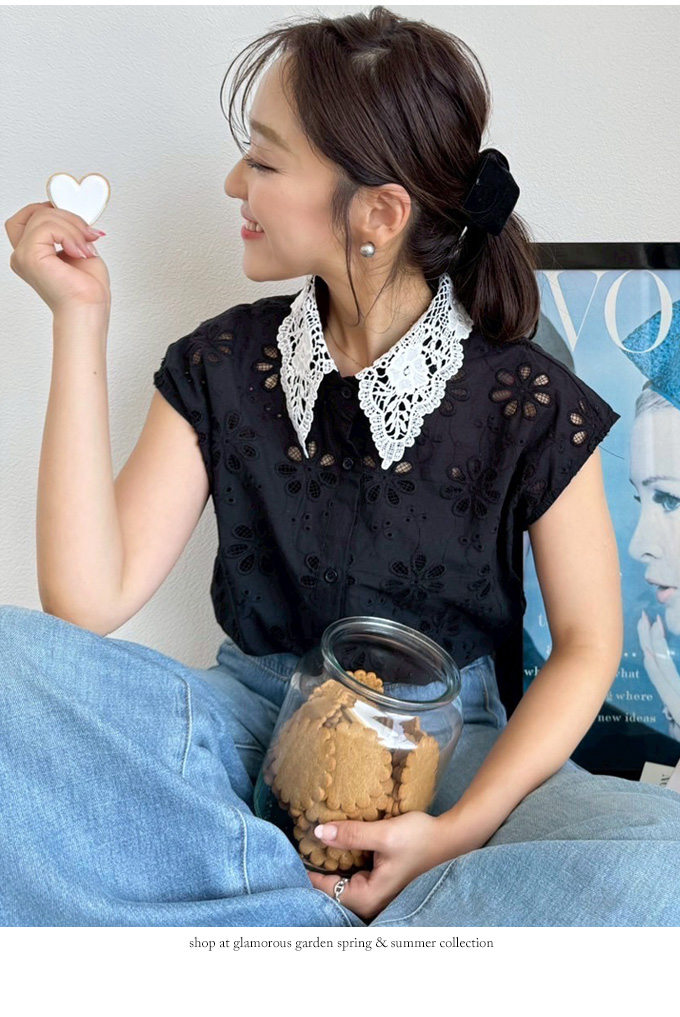 レース襟付きフラワー刺繍ブラウス【ネコポスOK】【7g-831-05648】