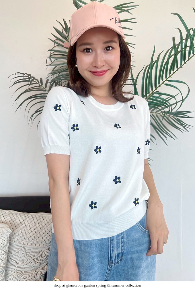 高速配送 小花柄刺繍半袖ニット【ネコポスOK】【7g-831-05601】 トップス