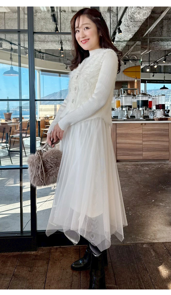 シャギーベスト×チュールニットワンピースセット【7f-831-06038】