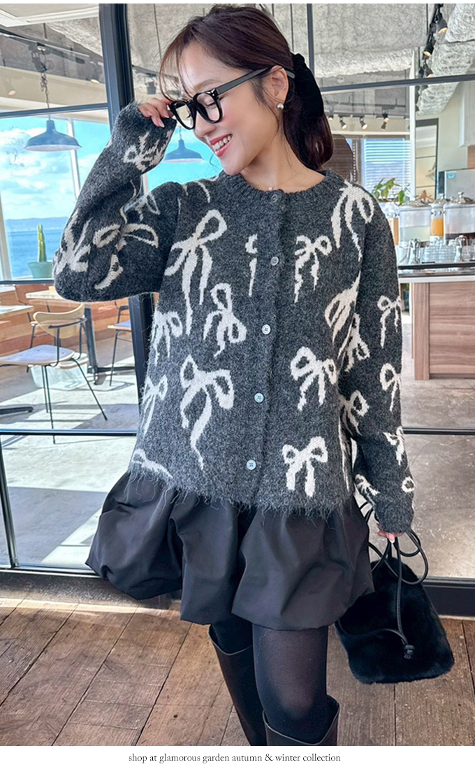 リボン総柄ニットカーディガン【7f-831-06024】