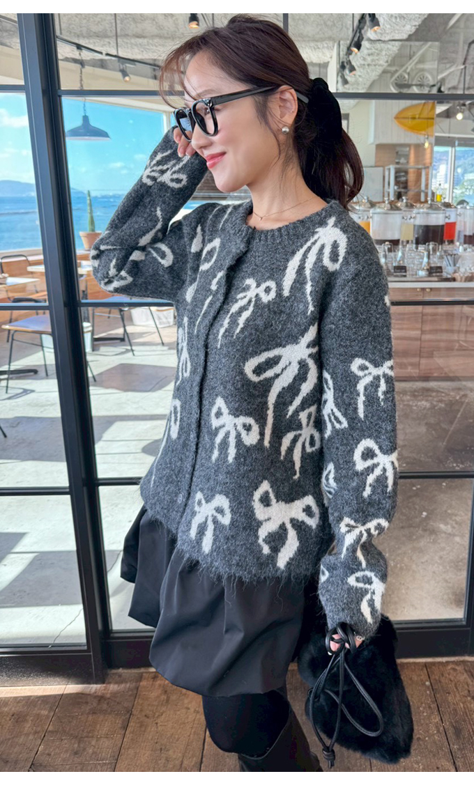 リボン総柄ニットカーディガン【7f-831-06024】