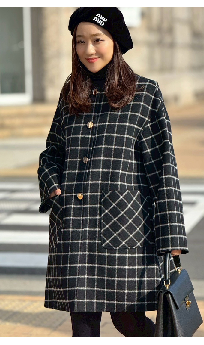 チェック柄リバーノーカラーコート【7f-146-07002】