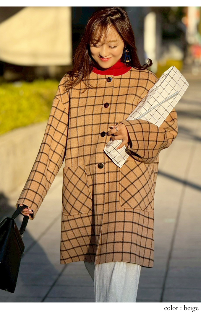 チェック柄リバーノーカラーコート【7f-146-07002】 チェック柄リバーノーカラーコート【7f-146-07002】