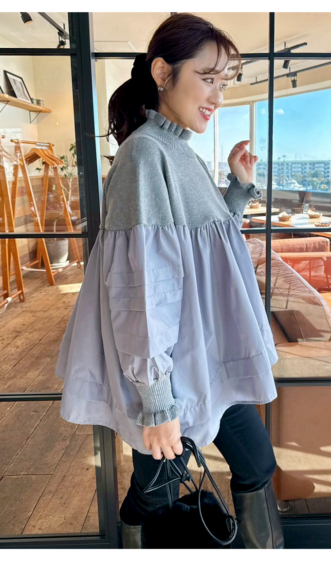ハイネック異素材ドッキングブラウス【7f-831-06037】