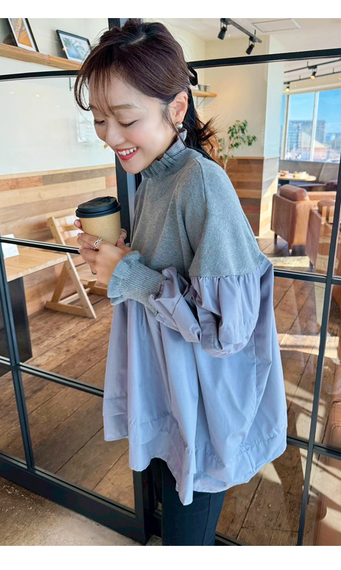 ハイネック異素材ドッキングブラウス【7f-831-06037】