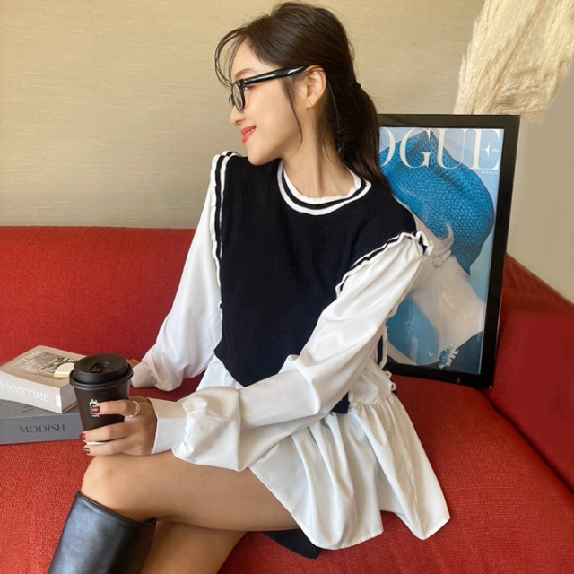 フリルラインニットドッキングトップス【ネコポスOK】【7h-831-04843】 