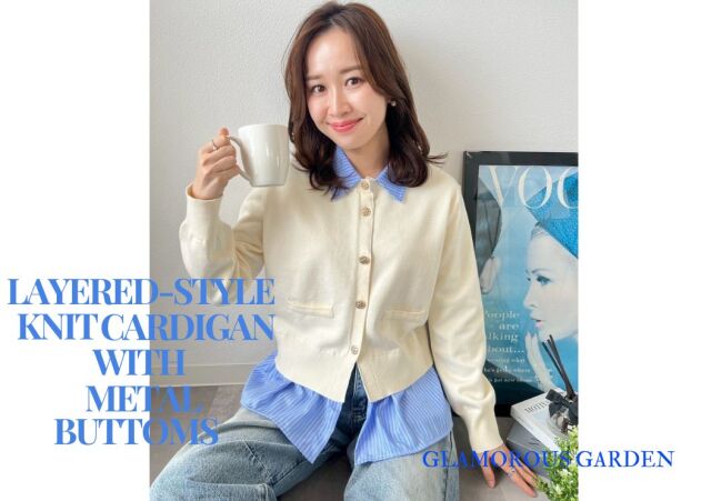 シャツレイヤード風メタルボタンカーディガン